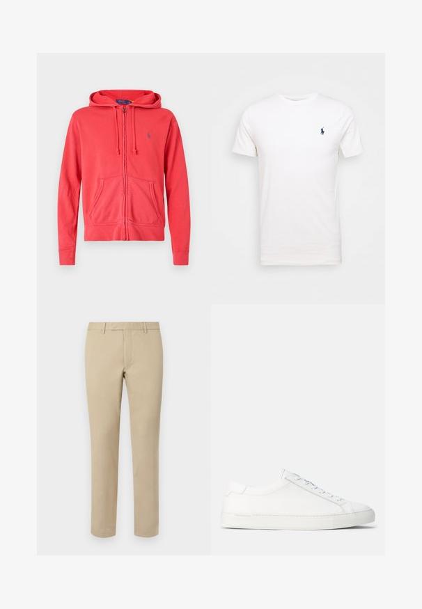 Rød zip-up hettegenser laget av mykt stoff, med snor i hetta, frontlommer og en liten logo på brystet. Jevn tekstur og avslappet design.; Hvit bomull t-skjorte med rund hals. Har en liten mørkeblå logo på venstre bryst. Korte ermer, glatt tekstur.; Beige bomullsbukser med rett snitt, med beltehemper, flat front og skreddersydde nederkanter. Jevn tekstur og minimal detaljering.; Hvite lær sneakers med en jevn tekstur, rund form, flat gummisåle og hvite snører. Har et minimalistisk design og subtil merking.