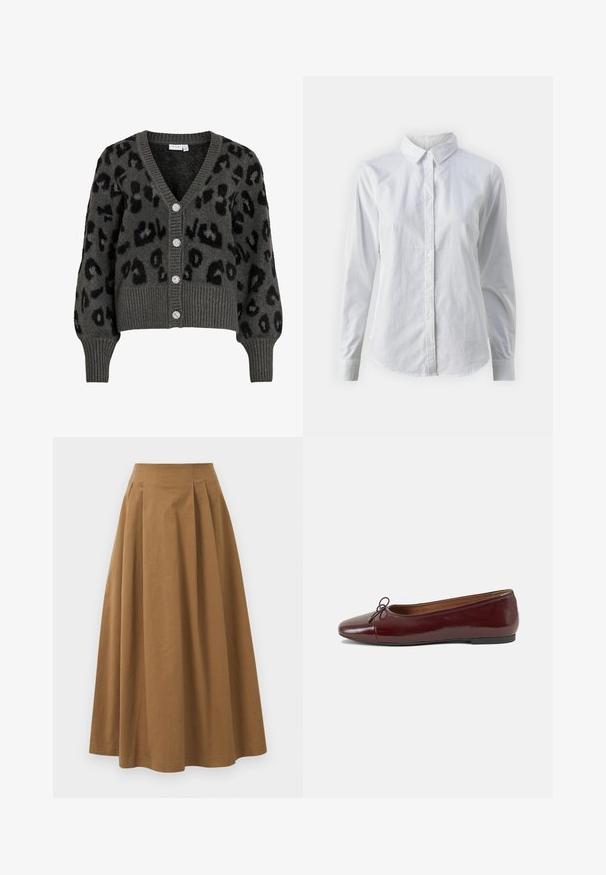 Szürke leopárdmintás kardigán V nyakkivágással, bordás mandzsettával és szegéllyel. Öt fényes gombbal és puha, texturált anyaggal rendelkezik.; Fehér, sima pamutből készült gombos ing, klasszikus gallérral, hosszú ujjakkal és ívelt hemvéggel. A gombok kicsik és fehérek.; Barna pamut A-vonalú szoknya magas derékkal, elöl pliszézett és sima textúrával. Az alsó szegélyek letisztultak és egyszerűek.; Burgundi lakkbőr balettcipő kerek orral, elöl kis masni díszítéssel és alacsony, fekete gumi talppal. Simára csiszolt felület.