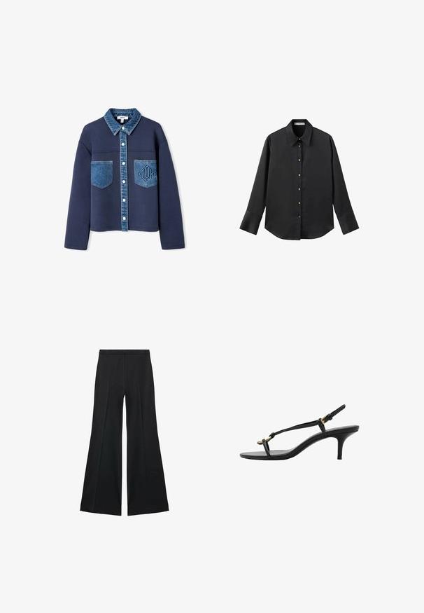 Granatowa kurtka z denimu, z kołnierzem i kieszeniami, zapinana na guziki, z kontrastującymi fakturami tkanin oraz subtelnym wytłoczonym logo na jednej kieszeni.; Czarna koszula z długim rękawem z gładkiego materiału, z klasycznym kołnierzykiem, zapięciem na guziki z przodu w złotym odcieniu oraz szerokimi mankietami.; Czarne spodnie o szerokich nogawkach z gładką teksturą, z przodu ozdobione zakładkami i skrojonym fasonem. Materiał jest lekki i zwiewny.; Czarne skórzane sandały na koturnie z cienkimi paskami, złotą klamrą i minimalistycznym pętelką na palce na białym tle.