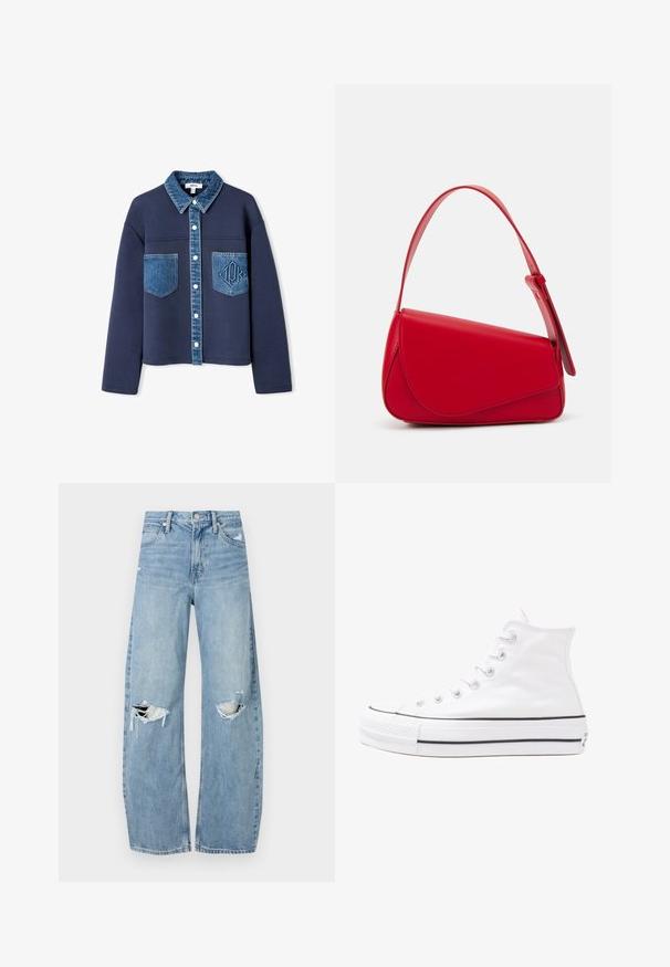 Marineblauwe jas met een denim kraag en zakken, sluiting met knopen, contrasterende stoffen texturen en een subtiel reliëflogo op een van de zakken.; Zwart oversized t-shirt met een afbeelding van een beer en de tekst "NIET SCHATTIG, MAAR WILD" in grote, witte letters. Gemaakt van katoen.; Lichtblauwe, hooggeritste jeans van denim. Beschikken over wijde pijpen, twee gescheurde knievalken en klassieke vijfzakken styling.; Witte high-top canvas sneakers met een zwarte rubberen zool, een rubberen neuskap aan de voorkant en zes gaatjes voor veters, met een schone, minimalistische uitstraling.; Rode leren handtas met een hoekig, geometrisch ontwerp. Beschikt over een enkele verstelbare schouderriem en een klepclosure met gestikte details.