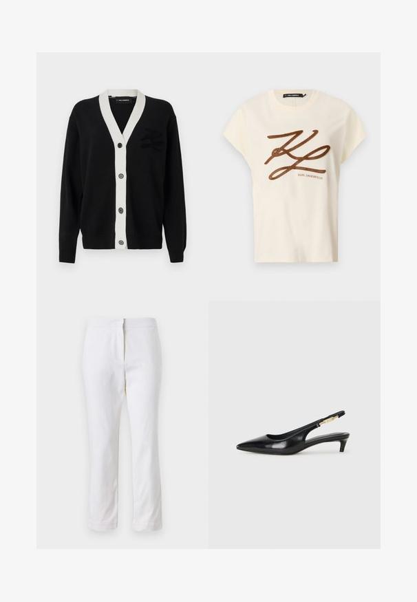 Juodas kardiganas su baltu V formos apykakle ir penkiais priekiniais mygtukais. Kairėje pusėje yra tekstūruotas logotipas. Pagamintas iš minkštos medžiagos.; Kreminės spalvos medvilninė marškinė su trumpomis rankovėmis, priekyje papuoštos rudai siuvinėjamu logotipu ir užrašu.; Balti medvilniniai kelnių su tiesiu kojų dizainu, turintys vidutinį liemenį ir be matomų detalių ar raštų. Lygi tekstūra visame paviršiuje.; Juodas odinis pavasario batelių modelis su smailiu nosiu, turintis siaurą kulniuką ir auksinės spalvos akcentu reguliuojamoje juostoje. Lygi tekstūra.