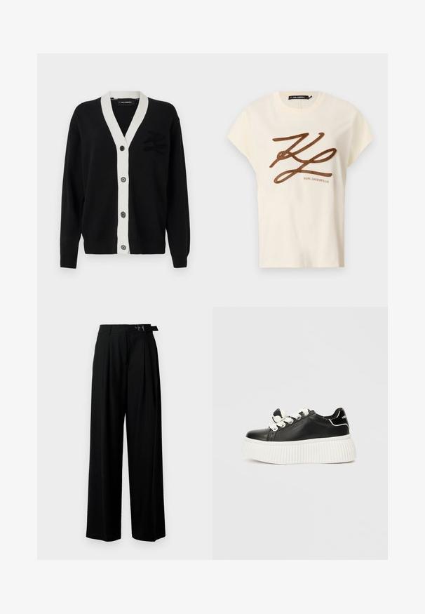 Čierny cardigan s bielym V-výstrihom a piatimi prednými gombíkmi. Obsahuje textúrované logo na ľavej strane. Vyrobené z mäkkého materiálu.; Krémové bavlnené tričko s krátkymi rukávmi, na prednej strane s hnedou vyšitou šedou nášivkou a nápisom.; Čierne široké nohavice s vysokým pásom, skladmi vpredu a opaskom s prackou. Vyrobené z hladkej, ľahkej textílie.; Čierne kožené tenisky s hrubou bielou rebrovanou podošvou, so svetlými šnúrkami a dekoračným uzlom na jazyku.