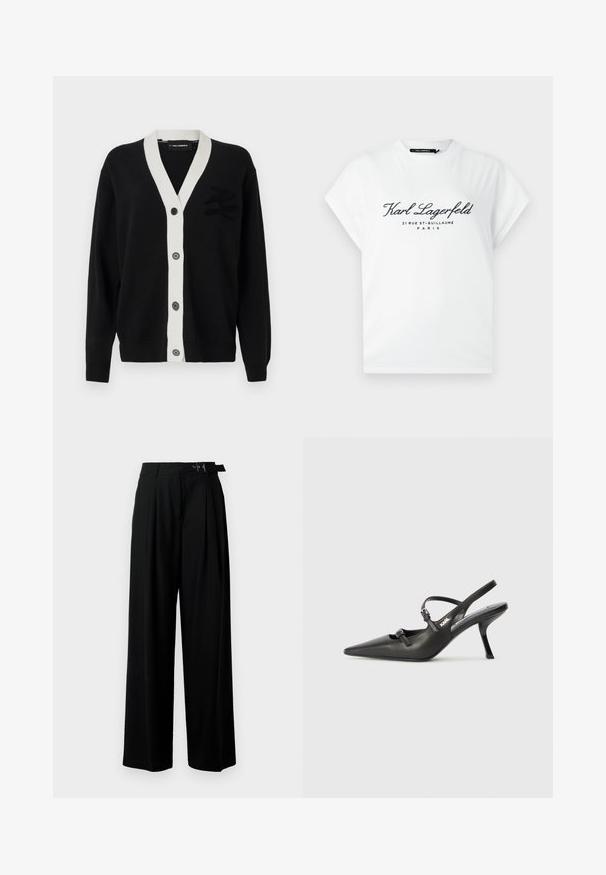 Svart kavaj med vit V-ringning och fem framknappar. Har en texturerad logo på vänster sida. Tillverkad av mjukt material.; Vitt t-shirt med korta ärmar och svart text "Karl Lagerfeld 21 Rue St-Guillaume Paris" tryckt på framsidan, rund halsringning.; Svarta byxor med vida ben och hög midja, med veck framtill och ett bälte med spänne. Tillverkade av ett mjukt, lätt tyg.; Svarta läderklackar med slingback, spetsig tå, smal klack och dekorativ spänndetalj på ovansidan. Slät struktur och stilren design.