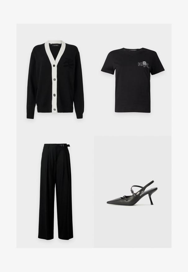 Black cardigan with white V-neck trim and five front buttons. Features a textured logo on the left side. Made of soft material.; Black short-sleeve t-shirt made of cotton. Features a white graphic with the text "KARL" and a stylized figure on the chest. Round neckline.; Black wide-leg trousers with a high waist, pleats at the front, and a belt featuring a buckle. Made from smooth, lightweight fabric.; Black leather slingback heels with a pointed toe, slender heel, and decorative buckle detail on the vamp. Smooth texture and sleek design.