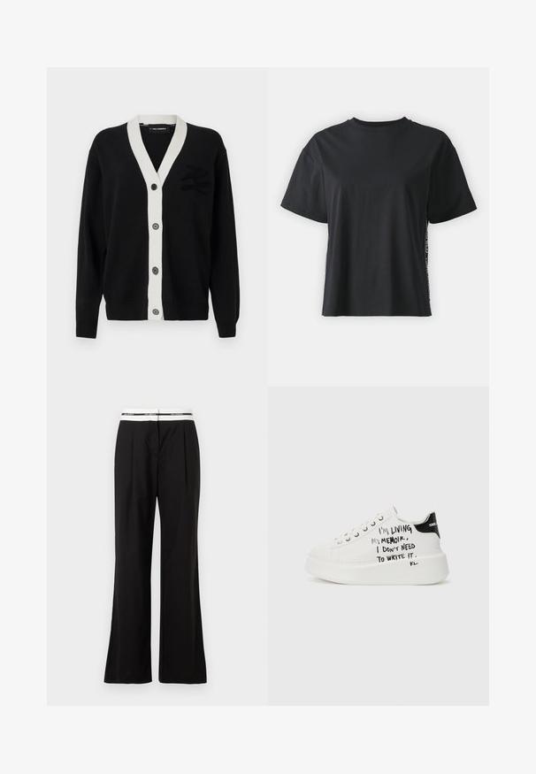 Čierny cardigan s bielym V-výstrihom a piatimi prednými gombíkmi. Obsahuje textúrované logo na ľavej strane. Vyrobené z mäkkého materiálu.; Čierne tričko s krátkym rukávom z bavlny, vo voľnom strihu, s kontrastným postranným panelom, na ktorý sú umiestnené malé nápisy a designové detaily.; Čierne nohavice s voľnejším strihom, s bielym elastickým pásom s brandingom. Vyrobené z hladkého materiálu s jemným leskom.; Biele platformové tenisky s čiernymi akcentmi, vybavené textúrovanou podrážkou a ručne písaným textom na bočných stranách. Hladký kožený materiál.
