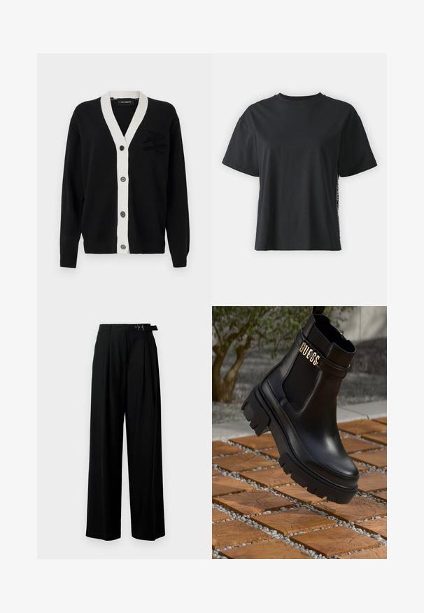 Černý cardigan s bílým V-výstřihem a pěti předními knoflíky. Na levé straně se nachází texturované logo. Vyrobeno z měkkého materiálu.; Černé triko s krátkým rukávem, vyrobené z bavlny, s volným střihem a kontrastním bočním panelem, který obsahuje malý text a designové detaily.; Černé široké kalhoty s vysokým pasem, záhyby vpředu a páskem s přezkou. Vyrobené z hladké, lehké tkaniny.; Černé kožené kotníkové boty s masivní gumovou podrážkou, elastickými bočními panely a zlatým akcentem s logem "GUESS".