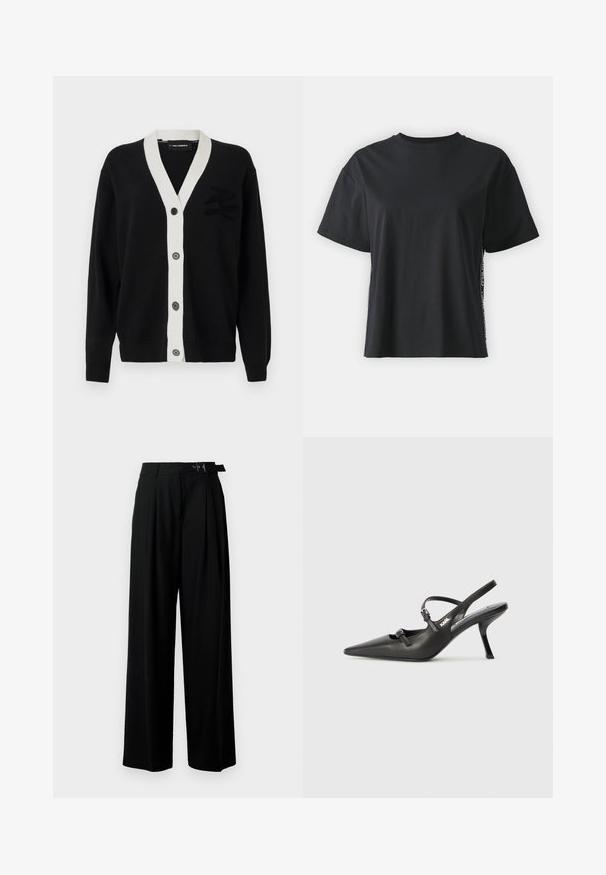 Črn kardigan z belim V-izrezom in petimi sprednjimi gumbi. Ima teksturiran logotip na levi strani. Narejen je iz mehkega materiala.; Črna bombažna majica s kratkimi rokavi, sproščenega kroja z kontrastnim stranskim panelom, ki vsebuje majhne besedilne in oblikovne podrobnosti.; Črne široke hlače z visokim pasom, gubami spredaj in pasom z zaponko. Narejene so iz gladkega, lahkega materiala.; Črne usnjene sandale na peto s koničastim nosom, vitko peto in okrasno zaponko na sprednjem delu. Gladka tekstura in eleganten dizajn.
