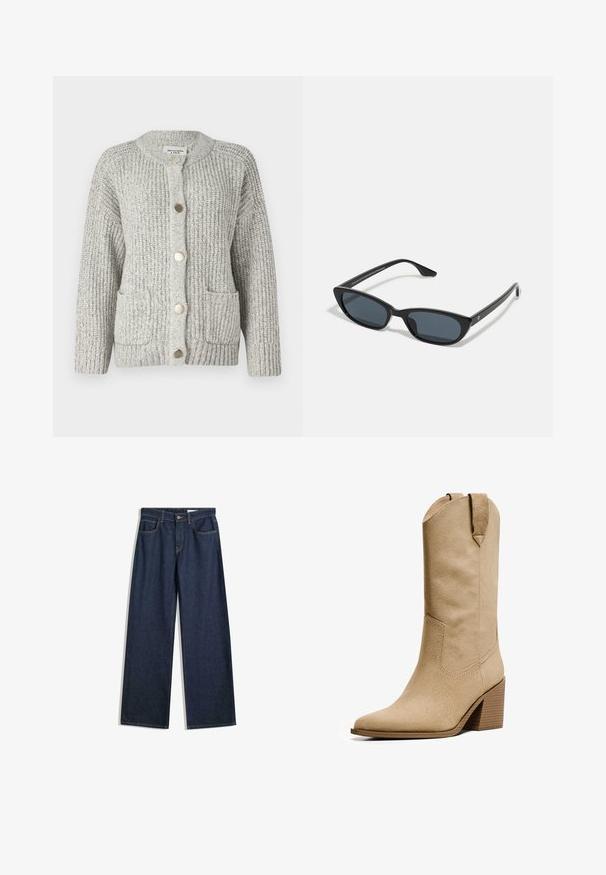 Abercrombie & Fitch Relaxed Hardware Crew Cardigan - Gilet - light snowy; PULL&BEAR Débardeur - white; Jean en denim sombre à jambes larges avec cinq poches, coutures visibles et fermeture à bouton. Présente une coupe droite et un léger effet vieilli.; Bershka HIGH-HEEL - Bottes de cowboy / motard - beige; Lunettes de soleil noires en forme de chat avec des verres sombres, monture en plastique, branches fines et un branding subtil sur l'intérieur des branches. Fini mat.; Sac à épaule en daim marron avec une anse courbée, texture douce et fermeture éclair sur le dessus. Aucune quincaillerie ni motifs visibles.