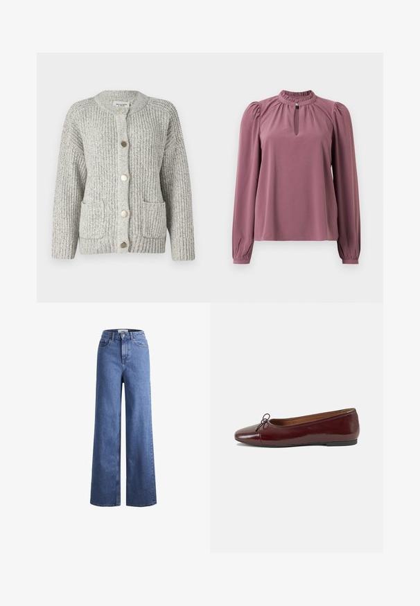 Abercrombie & Fitch Relaxed Hardware Crew Cardigan - Cardigan - light snowy; Blusa a maniche lunghe in malva con colletto arricciato, scollatura a chiave con chiusura a bottone e spalle leggermente gonfie.; Jeans ampia in denim azzurro chiaro con vita alta, due tasche anteriori e cuciture in vista. Presentano una chiusura con bottone e zip.; Ballerine in pelle verniciata bordeaux con punta arrotondata, piccolo fiocco decorativo sulla parte anteriore e suola bassa in gomma nera. Texture liscia.