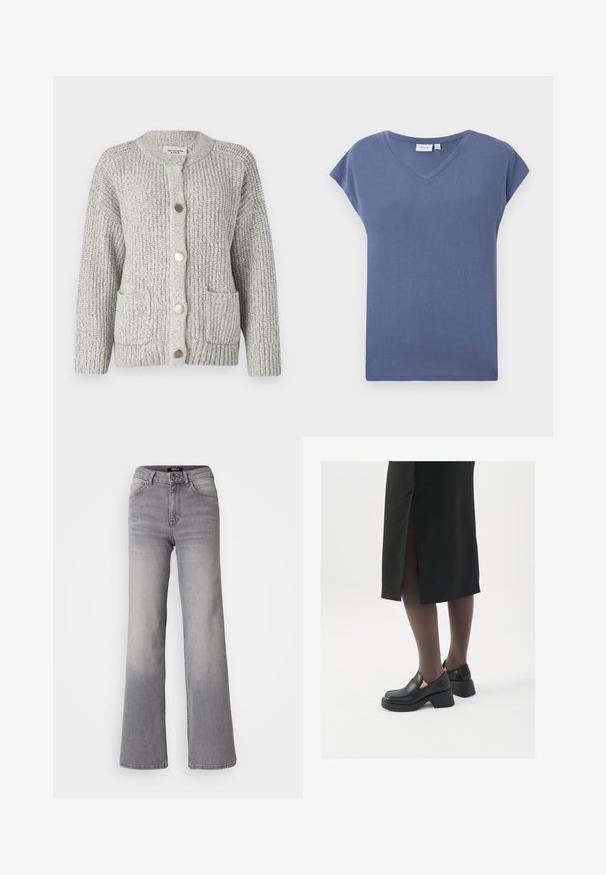 Abercrombie & Fitch Relaxed Hardware Crew Cardigan - Strickjacke - light snowy; V-Ausschnitt, kurzärmliges T-Shirt in einer sanften blauen Farbe, aus weichem Baumwollmaterial mit glatter Textur und lässiger Passform.; Hochtaillierte graue Denim-Jeans mit geradem Bein, Frontknopf und Reißverschluss, Vorder- und Gesäßtaschen sowie ausgewaschenen Schattierungen an Oberschenkeln und Waden.; Schwarze Lederschuhe mit abgerundetem Zeh, dicker Blockabsatz und elastischen seitlichen Akzenten, kombiniert mit dunklen Strumpfhosen und einem schwarzen Rock mit Schlitz.