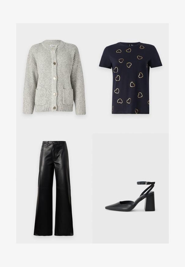 Abercrombie & Fitch Relaxed Hardware Crew Cardigan - Gilet - light snowy; T-shirt court à manches courtes en coton bleu marine avec des motifs de cœurs bordés d'or dispersés sur le tissu. Encolure ronde. Texture douce.; Pantalons larges en faux cuir noire taille haute avec bouton avant, fermeture éclair, passants de ceinture et poches latérales sur fond blanc.; Escarpin noir en cuir à bout pointu avec une bride de cheville et un talon épais. Texture lisse, design élégant et esthétique minimaliste.
