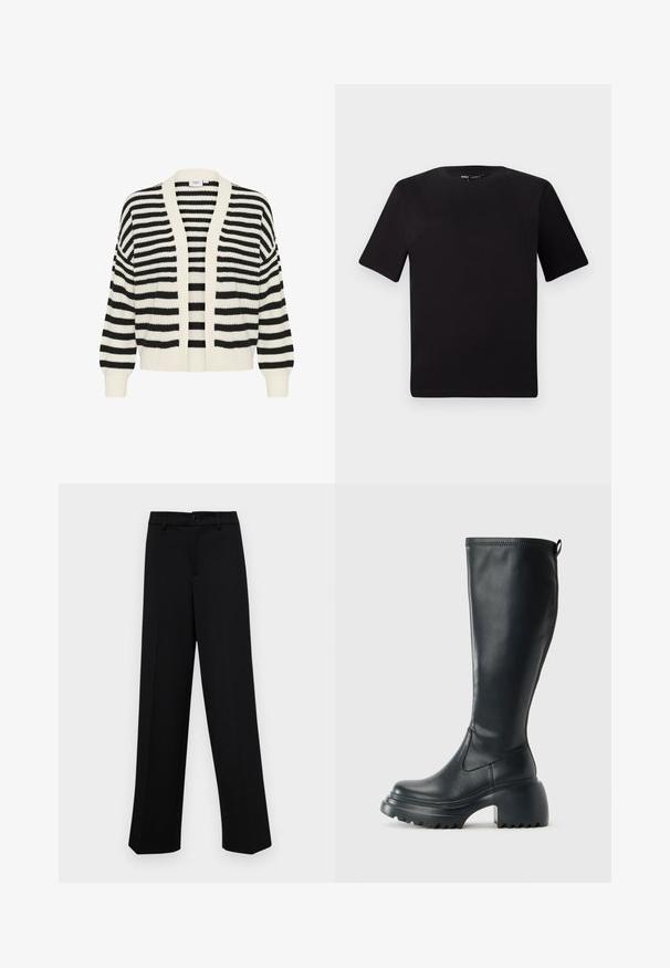 Csíkos kardigán fekete és fehér vízszintes csíkokkal, nyitott elülső résszel, bordás mandzsettákkal és hemel. Puha, texturált kötött anyagból készült.; Fekete, rövid ujjú póló, kerek nyakkal, puha pamutból készült. Egyszerű dizájn, nincs látható logó vagy minta.; Fekete, széles szárú nadrág sima anyagból, klasszikus derékrésszel, gombzárral és elülső redőkkel.; Magas fekete bőrcipő, vastag platform talppal és blokk sarokkal, húzófüllel és texturált profillal az outsole-on.