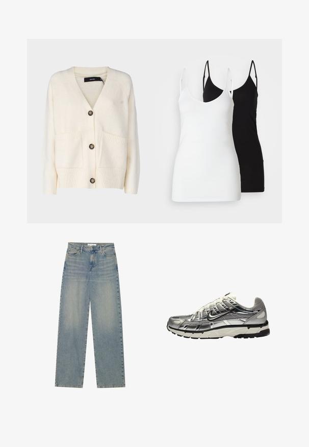 Vero Moda Tall VMBOOM - Casaco de malha - birch; Dois tops de mulher: um branco e um preto, feitos de um tecido suave, com alças finas e um design de decote em V profundo.; Calças de ganga de cintura alta em azul claro, com pernas retas, bolsos frontais, passadores de cinto e fecho com botão e zip.; Sapatilha atlética prateada e preta com parte superior em malha e sintético, design volumoso e acabamento texturizado. Apresenta um colarinho acolchoado e sola de borracha.