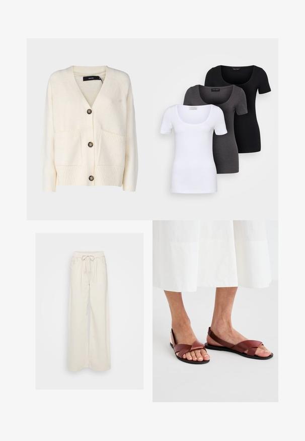 Vero Moda Tall VMBOOM - Jopica - birch; Tri prilegla majica v beli, sivi in črni barvi. Vsaka ima širok izrez na vratu in kratke rokave. Narejene so iz gladkega, raztegljivega materiala.; Kremne široke hlače iz mehkega materiala z elastičnim pasom in vrvico. Imajo dve stranski žepi.; Rjave usnjene sandale s križnimi trakovi in odprtim zadnjem delom, ki imajo ravno podplat. Trakovi so gladki z mat površino.