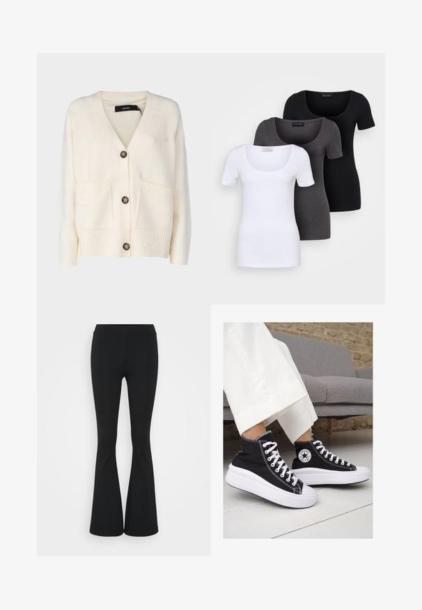 Vero Moda Tall VMBOOM - Kardigan - birch; Tři přiléhavé trička v bílé, šedé a černé barvě. Každé má široký výstřih a krátké rukávy. Vyrobeno z hladké, pružné tkaniny.; Černé zvonové kalhoty vyrobené z elastického materiálu, s vysokým pasem a hladkou texturou. Kalhoty se rozšiřují od kolene.; Černé vysoké plátěné tenisky s bílými gumovými podrážkami a tkaničkami. Na boku mají kulaté logo a kontrastní bílé švy.