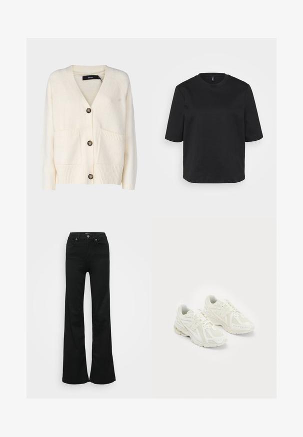 Vero Moda Tall VMBOOM - Kardigán - birch; Fekete környakú pamut póló, rövid ujjal és laza fazonnal. Simaszövet, látható minták vagy díszítések nélkül.; Fekete, trapéz szabású farmernadrág, magas derékkal, öt zsebbel és fémből készült gombos zárással. Simább textúrájú, minimális díszítéssel.; Fehér sportcipők hálós és szintetikus anyagokból, fűzős dizájn, párnázott bokarésszel és érdes talppal a tapadás érdekében. Könnyű felépítés.