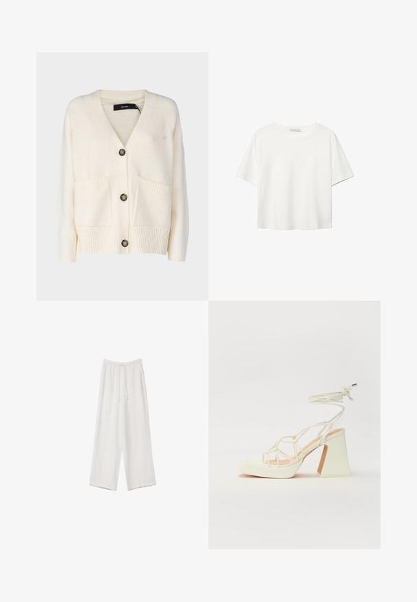 Vero Moda Tall VMBOOM - Gilet - birch; T-shirt blanc à manches courtes en coton. Doté d'un col ras du cou et d'une coupe décontractée. Texture lisse sans motifs ni accents visibles.; Pantalons larges blancs en tissu léger. Dotés d'une taille élastique avec cordon de serrage et de poches latérales. Texture lisse.; Sandale blanche à talons hauts avec un talon épais, présentant un design à lanières et un lien autour de la cheville. Texture lisse avec une plateforme à l'avant pour une hauteur supplémentaire.