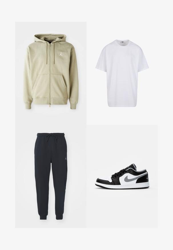 Zip-Up Kapuzenpullover in hellem Beige, mit weicher Textur, Kängurutaschen, Zugbändern und einem kleinen weißen Logo auf der linken Brust.; Weiße Baumwoll-T-Shirt mit kurzen Ärmeln, rundem Ausschnitt, lockerer Passform und ohne sichtbare Logos oder Muster. Glatte Textur und minimalistisches Design.; Schwarze Jogginghosen aus weichem Stoff, mit einem elastischen Taillenbund und Kordelzug, gerippten Bündchen und einem kleinen Logo am linken Oberschenkel.; Jordan AIR JORDAN 1 LOW - Sneaker low - black/particle grey-white