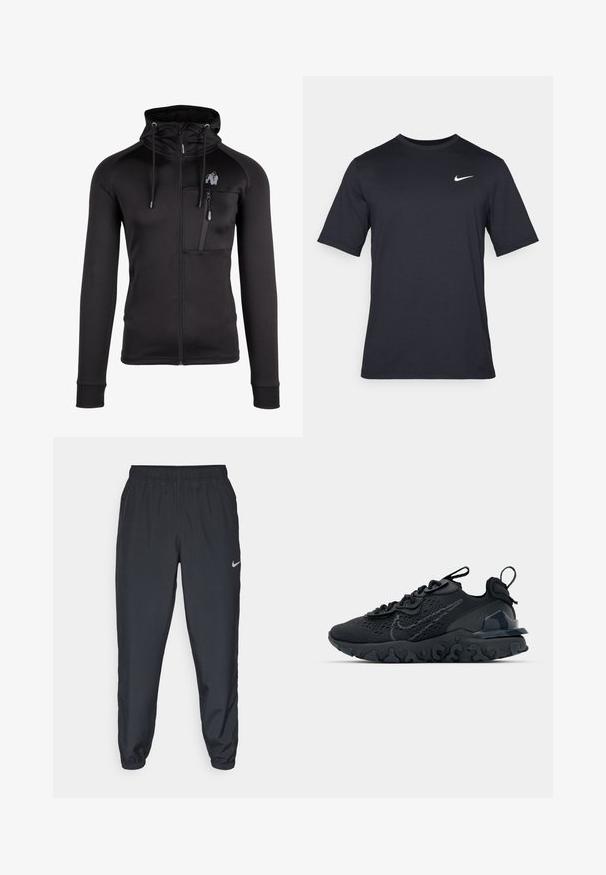 Zwarte zip-up hoodie gemaakt van zachte stof met een getailleerd ontwerp. Heeft een hoge kraag, verstelbare trekkoorden en een ritszak op de borst.; Zwart T-shirt met korte mouwen van Nike, gemaakt van gladde stof, met een wit swoosh-logo op de bovenlinkerzijde, ronde hals.; Zwarte trainingsbroek van lichtgewicht materiaal met een elastische tailleband, enkelmanchetten en een discreet Nike-logo aan de linkerkant.; Zwarte sportieve schoen met een ademende bovenkant van mesh, gestructureerde accenten en een golvende rubberen zool. Heeft een reflecterende logo en vetersysteem.