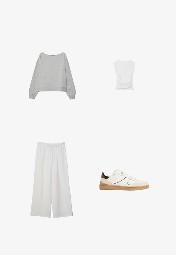 Felpa grigia a maniche lunghe, con scollatura ampia, polsini e orlo a coste. Realizzata in un morbido misto cotone con una superficie liscia.; Top bianco a maniche corte con scollo rotondo. Caratterizzato da una texture arricciata lungo i lati e una silhouette aderente, realizzato in materiale morbido e elasticizzato.; Pantaloni bianchi a gamba larga realizzati in tessuto leggero, dotati di una vita elastica e di un cordino per una vestibilità regolabile. Texture liscia.; Stradivarius Sneakers basse - white