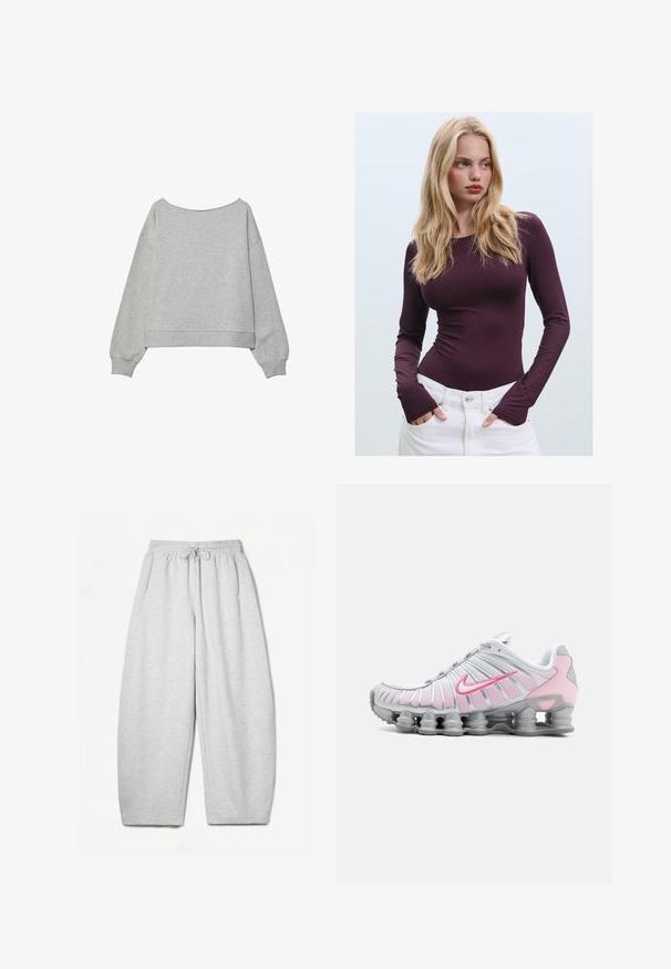 Grå cropped sweatshirt med lange ærmer, bred halsudskæring, ribbede manchetter og bund. Fremstillet af blødt bomuldsblanding med en glat tekstur.; Bordeaux langærmet tætsiddende top med rund halsudskæring og tommelfingerhuller, parret med hvide højlife bukser. Glat stof og strækbar tekstur.; Lysegrå sweatpants med en afslappet pasform, elastisk talje, snøre og sidelommer; lavet af blødt, struktureret stof.; Nike træningssko i hvid og lys pink. Har en mesh-overdel og en markant buet sål med synlig luftdæmpning.