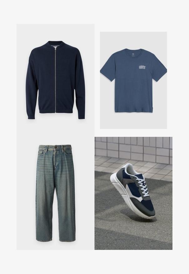 Ž navy zils kapucejams džemperis, kas izgatavots no mīksta adījuma auduma. Tam ir augsta apkakle, izšūtas aproces un taisnas griezuma dizains.; Zila kokvilnas T-kreklu ar apaļu kaklu un īsām piedurknēm. Baltā "Levi's" logo ir izdrukāts kreisajā krūšu daļā. Vienkāršs dizains.; Gaiši zili džinsi ar brīvu piegriezumu, vidējo jostas augstumu un taisnām kājām. Satur piecas kabatas, jostas cilpas un pogu aizdari.; Sporta apavi ar tumši zilas krāsas tīkla augšdaļu, pelēku zamšādas akcentiem, baltu gumijas zoli un plakaniem baltiem šņorēm, kas izstrādāti komfortam un elpojamībai.