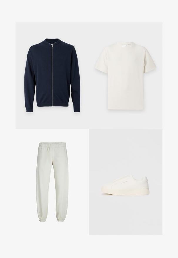 Cardigan zip-up blu navy realizzato in un morbido tessuto a maglia. Presenta un colletto alto, polsini a coste e un design a taglio dritto.; T-shirt bianca a maniche corte in texture a coste. Girocollo, vestibilità rilassata, senza modelli o accenti visibili. Design semplice e versatile.; Pantaloni tuta bianchi realizzati in tessuto morbido, dotati di vita e polsini elastici, con una texture liscia e una vestibilità ampia.; Sneakers bianchi slip-on con superficie texturizzata, suola spessa e design minimalista. Presentano il logo del marchio sul lato.