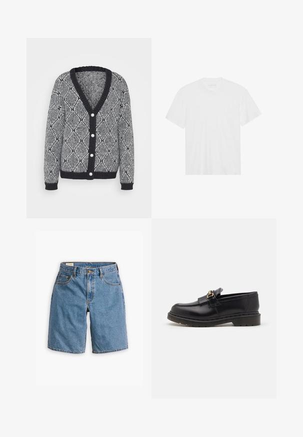 Pelēkā un melnā V veida cardigan ar šahu rakstu, kas aprīkots ar četriem pogu aizdariem un ribotām piedurknēm un apakšmalu.; Balta kokvilnas t-kreklā ar īsām piedurknēm, apaļu kakla izgriezumu un taisnu apakšmalu. Gluda tekstūra, minimālistisks dizains bez rakstiem vai akcentiem.; zilbā džinsa šorti ar klasisko piecu kabatu dizainu, ar rāvējslēdzēja aizdari un pogas slēgšanu, kā arī plīsušu apakšmalu.; Melni ādas loafers ar noapaļotu purngali, dekoratīvu fringu un zelta aksesuāriem. Bieza gumijas zole papildu saķerei un izturībai.