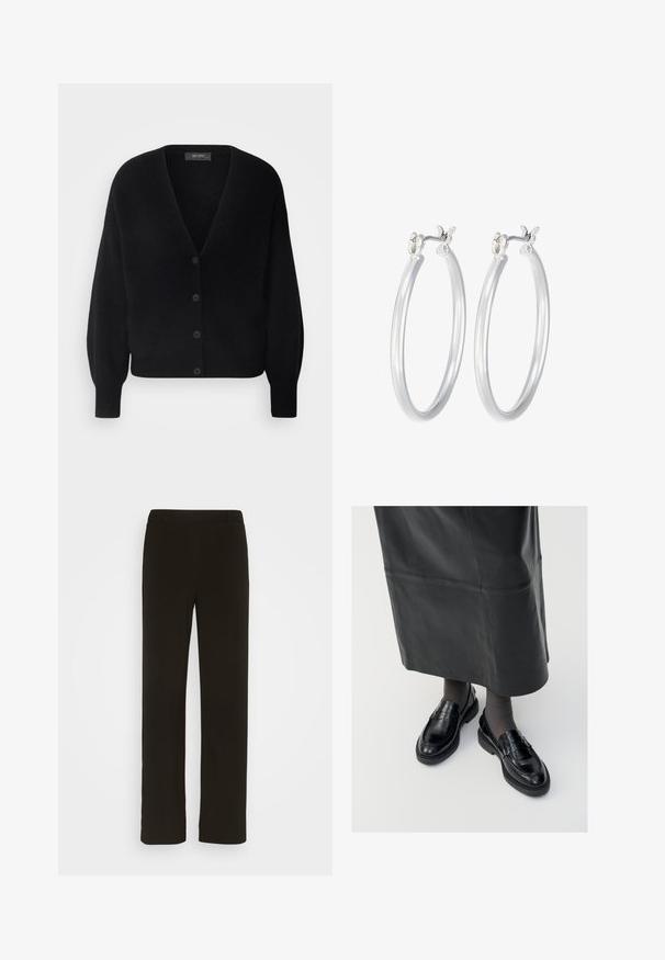 Mos Mosh THORA V-NECK - Kardigan - black; Dvě bavlněné crop topy v bílé a černé barvě. Každý má hluboký výstřih a tenké ramínka, s hladkou, měkkou texturou.; Černé kalhoty rovného střihu vyrobené z tkané látky, s plochým předním dílem, dvěma bočními kapsami a hladkým povrchem. Žádné viditelné vzory ani akcenty.; Černé kožené polobotky s hladkým povrchem, zdobené páskem, s kulatou špičkou a texturovanou podrážkou. Nosené s dlouhou černou koženou sukní.; Stříbrné kruhové náušnice s hladkým, lesklým povrchem. Kulatý tvar a bezpečné zapínání na klip. Lehký design vhodný pro každodenní nošení.