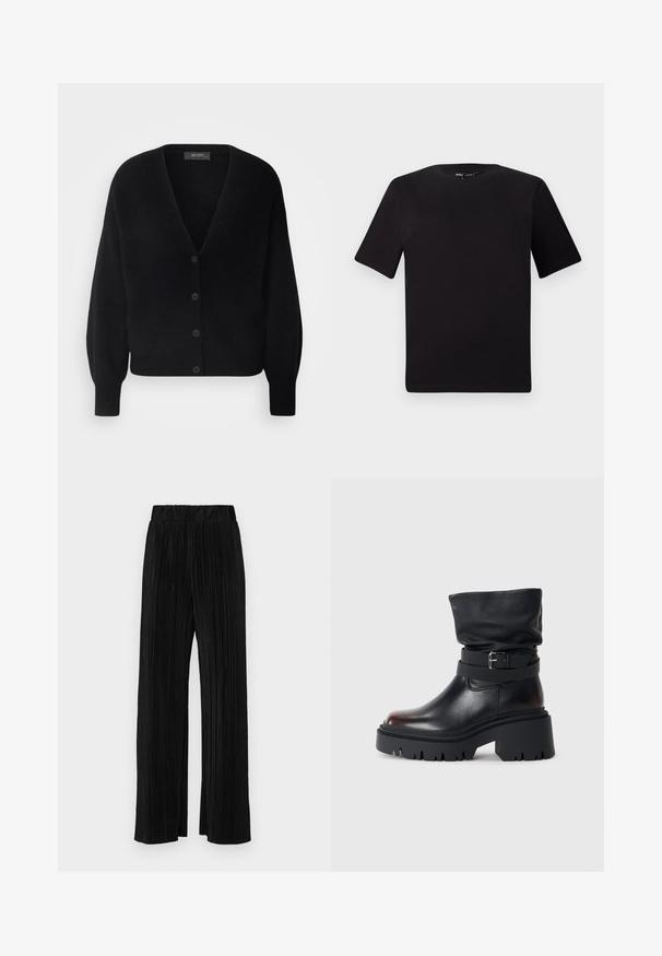 Mos Mosh THORA V-NECK - Kardigán - black; Čierne tričko s krátkym rukávom a okrúhlym výstrihom, vyrobené z mäkkej bavlny. Jednoduchý dizajn, bez viditeľných log alebo vzorov.; Čierne plisované nohavice s elastickým pásom. Majú široké nohavice a hladkú, textúrovanú látku s vertikálnymi pruhmi.; Čierne kožené členkové čižmy s voľnou hornou časťou, detailom s prackou a hrubou, robustnou podrážkou. Majú okrúhlu špičku a hladkú textúru.