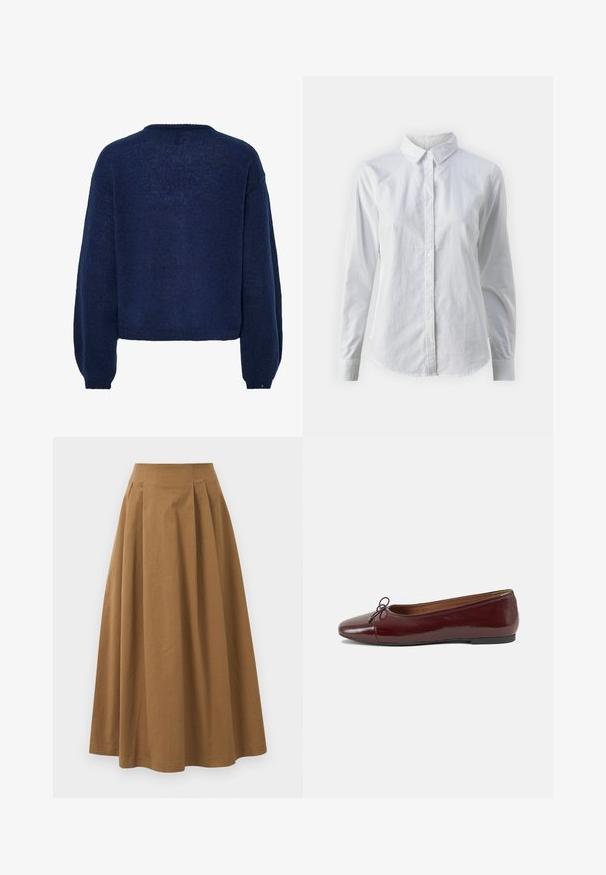 Marineblå strikket genser med en teksturert overflate, løs passform og senkede skuldre. Har rund halsutskjæring og ribbede mansjetter.; Hvit skjorte med knapper laget av glatt bomull, med klassisk krage, lange ermer og buet skjær. Knapper er små og hvite.; Brun bomull A-linje skjørt med høy midje, med folder foran og en jevn tekstur. Kantene er rene og enkle.; Burgunderrød lakk lær ballettleilighet med rund tå, liten sløyfe foran og en lav, svart gummisåle. Glatt tekstur.