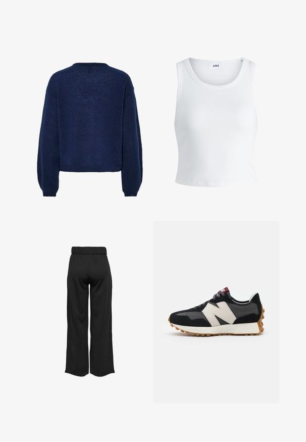 Suéter de malha azul-marinho com acabamento texturizado, corte solto e ombros caídos. Apresenta um decote redondo e punhos canelados.; Top curto branco com nervuras, apresentando um decote redondo, design sem mangas e um comprimento cropped. Rótulo lê "JJXX." Textura de tecido suave.; Calças largas e pretas com uma cinta elástica, feitas de um tecido suave. Apresentam um design limpo, sem bolsos ou detalhes de costura visíveis.; Sneaker em camurça preta e cinza com um grande logótipo "N" creme, cordões roxos e uma sola de borracha texturizada em cor de goma.