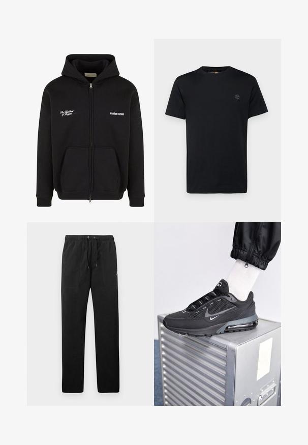 Felpa nera con zip realizzata in cotone. Presenta una tasca frontale, polsini a coste e due frasi ricamate in bianco sul petto.; T-shirt in cotone nero con collo a giro, maniche corte e un piccolo logo ricamato sul petto. Texture liscia, vestibilità classica.; Pantaloni sportivi neri in felpa, dotati di cintura elastica con cordini, due tasche anteriori e un piccolo logo sulla coscia.; Nike Sportswear PULSE - Sneakers basse - black/anthracite