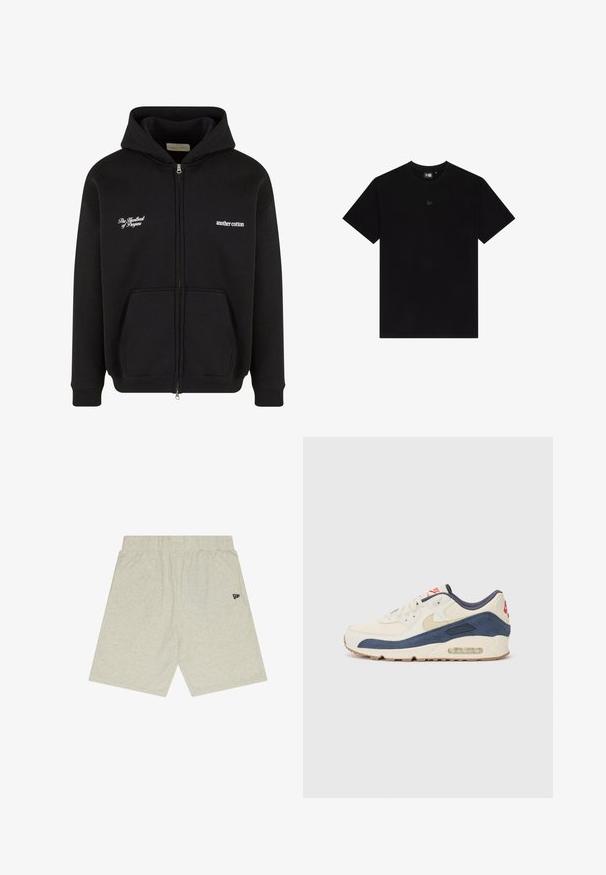 Sudadera negra con cremallera hecha de algodón. Presenta un bolsillo frontal, puños de canalé y dos frases bordadas en blanco en el pecho.; Camiseta de algodón negra con mangas cortas, cuello redondo y un pequeño logotipo tonal en el pecho. Textura suave y ajuste clásico.; Pantalones cortos de algodón gris claro con cintura elástica. Diseño sencillo, corte recto, con un pequeño logo negro en el lado izquierdo.; Zapatillas con parte superior de cuero crema y gamuza azul marino, que presentan una suela de aire visible, suela de goma beige y un acento rojo en el talón.