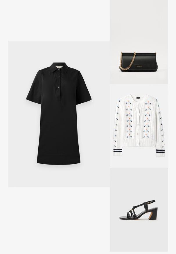 Fehér kötött kardigán, több színben rikító virágos hímzéssel, bordázott aljjal és mandzsettával, navy csíkokkal és gombos záródással.; Fekete, rövid ujjú ruha galléros nyakkal, gombos gombolással és egyenes siluettel. Könnyű anyagból készült, sima textúrával.; Paul Smith AMIRA - Klasszikus sarkú cipők - black; Fekete bőr kisméretű táska arany lánccal, sima felülettel, téglalap alakú, és dombornyomott márkázással az elején.