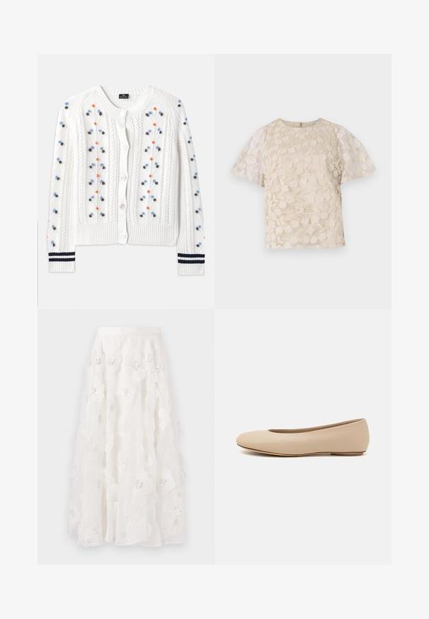 Biely pletený kardigán s multikolórovou kvetinovou výšivkou, s rebrovaným lemom a manžetami s námorníckymi pruhmi a zapínaním na gombíky.; Béžová blúzka s kvetinovou výšivkou, priesvitnými balónovými rukávmi, okrúhlym výstrihom a zadným zipsom. Textúrovaný kvetinový vzor na prednom panely.; Biely sukňa po kolená s kvetinovou výšivkou a striebornými flitrami. Ľahký, prúdiaci materiál s volánovými vrstvami a priliehavým pásom.; Béžové kožené baleríny s okrúhlym prstom, minimálnym švom, nízkym podpätkom a diskrétnym logom na zadnej strane. Hladká, matná textura.