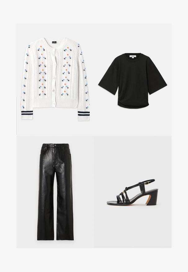 Fehér kötött kardigán, több színben rikító virágos hímzéssel, bordázott aljjal és mandzsettával, navy csíkokkal és gombos záródással.; Fekete, rövid ujjú póló puha pamutból, lekerekített nyakkal és laza szabással, oldalán finom ráncolással.; Fekete bőrből készült, széles szárú nadrág fényes felülettel, elöl zsebekkel, cipzáras sliccel és gombos rögzítéssel. Végig sima textúrájú.; Paul Smith AMIRA - Klasszikus sarkú cipők - black