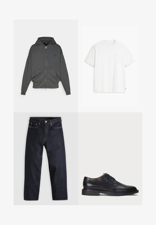 Mørkegrå zip-up hettegenser laget av mykt stoff, med en frontlomme i kengurustil og en brodert okselogo på brystet.; Hvit bomull t-skjorte med korte ermer, rund hals og subtilt Levi's-logo trykt i midten. Myk tekstur og standard passform.; Mørkeblå denimjeans med rett snitt, fem lommer, kontrasterende oransjefarget søm, og glidelås med knapp. Ingen synlige mønster eller dekorasjoner.; Sorte skinnsko med rund tå, snøring og lav, stablet hæl. Glatt tekstur med minimale sømdetaljer.