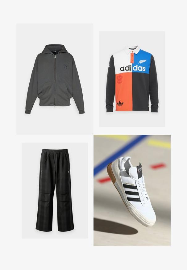 Temna siva kapuca na zadrgo, izdelana iz mehkega blaga, z sprednjim kenguru žepom in izvezenim logotipom bika na prsih.; Barvni blokirani dolgi rokav polo majica v črni, beli, oranžni in modri barvi, z ovratnikom, gumbnim zapiranjem in opaznim Adidasovim logotipom.; Črne karirane hlače z elastičnim pasom, dvema sprednjima žepoma in ohlapnim krojem s pravimi nogavicami. Narejene so iz lahke tkanine.; Beli Adidas Mundial Goal športni copat z črnimi črtami in gumijastim podplatom, prikazan v zraku nad športnim igriščem z barvnimi črtami.