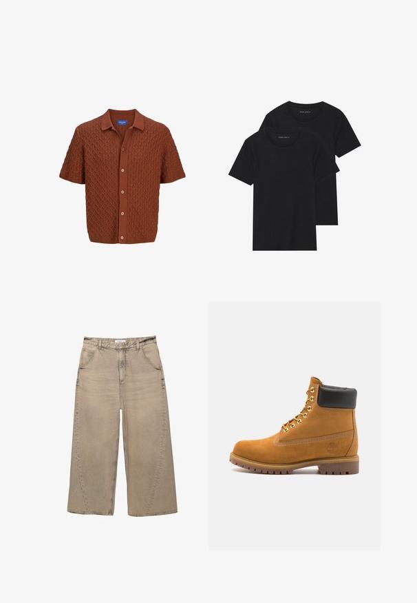 Ruitkuvioinen tummanruskea lyhythihainen neulepolo, jossa on napitetta etumme ja klassinen kaulus. Valmistettu pehmeästä kankaasta.; Kaksi mustaa puuvillapaitaa lyhyillä hihoilla, pyöreällä kauluksella ja sileällä pinnalla, esillä päällekkäin.; PULL&BEAR MEGA BAGGY - Baggy-farkut - light grey; Valkoinen nahkainen nilkkuri mustalla pehmustetulla kauluksella, kultaisilla metallisilla rei'illä, valkoisella ompeluksella ja jykevällä kumipohjalla, jossa on selvästi näkyvät urat.
