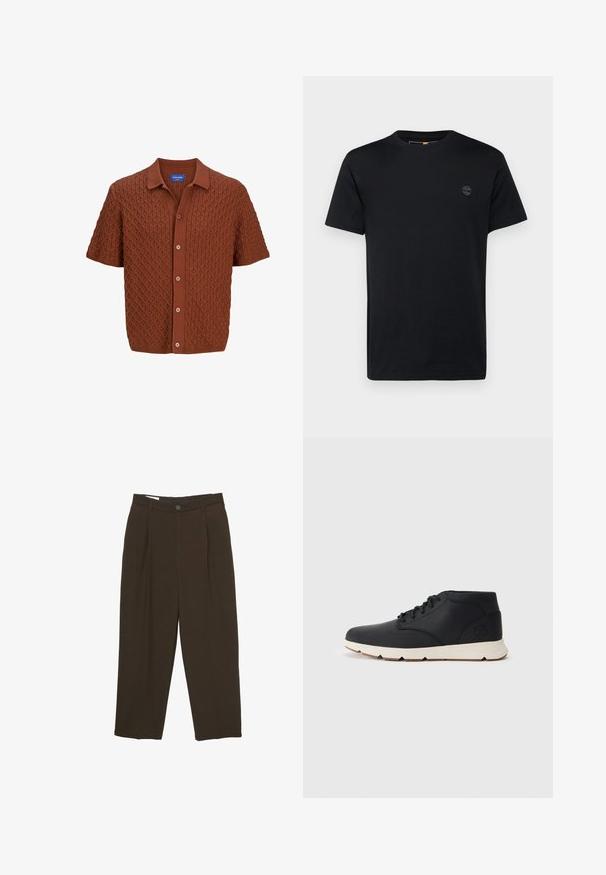 Polo en tricot marron à manches courtes, avec un motif diamant texturé, fermeture par boutons et col classique. Confectionné à partir d'un tissu doux.; T-shirt en coton noir avec col rond, manches courtes et un petit logo brodé sur la poitrine. Texture lisse, coupe classique.; Pantalons ajustés marron foncé avec des plis à l'avant, passants de ceinture et fermeture à bouton à la taille.; Bottes chukka en cuir noir avec une semelle en caoutchouc blanche, dotées de lacets ronds et d'un logo en relief sur le talon. Texture lisse sur toute la surface.