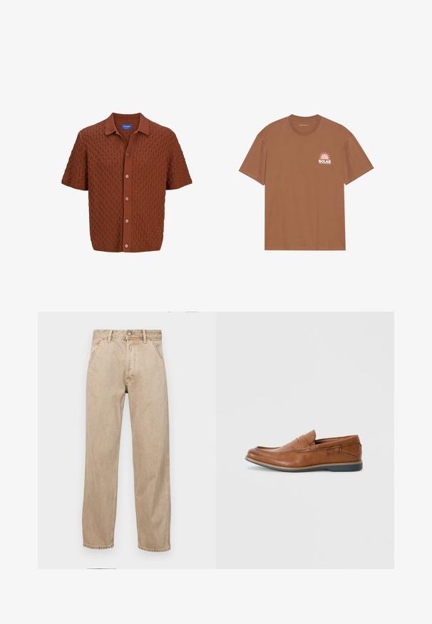 Polo en tricot marron à manches courtes, avec un motif diamant texturé, fermeture par boutons et col classique. Confectionné à partir d'un tissu doux.; T-shirt marron à manches courtes en coton, avec un graphique de soleil rose et le texte "SOLAR" sur la poitrine gauche. Design à col rond.; Jeans en denim beige avec une coupe droite, dotés de poches avant, d'une fermeture à bouton en métal et d'une texture subtile.; Mocassins en cuir marron avec un bout rond, des accents cousus et une semelle en caoutchouc basse. Le design présente une bandoulière sur le haut.