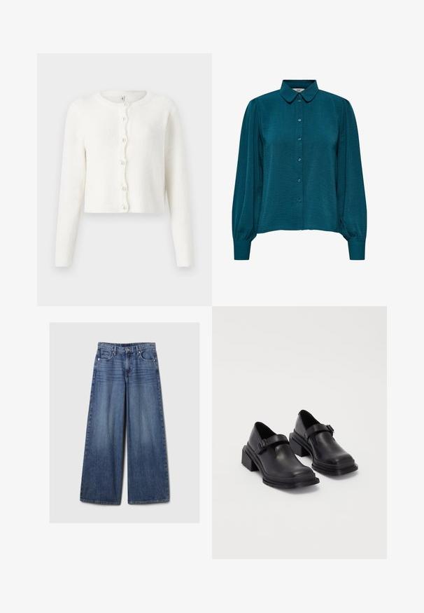 White cardigan made from soft, textured fabric. Features a round neckline, long sleeves, and six pearl-like buttons down the front.; Teal blouse with a collared neckline, button front, and long sleeves. Made from textured fabric with gathered cuffs.; Wide-leg blue denim jeans with a faded finish, featuring a button and zipper closure, five pockets, and belt loops.; Black leather shoes with a rounded toe, flat sole, and a strap with a buckle detail. Chunky block heel for added stability.