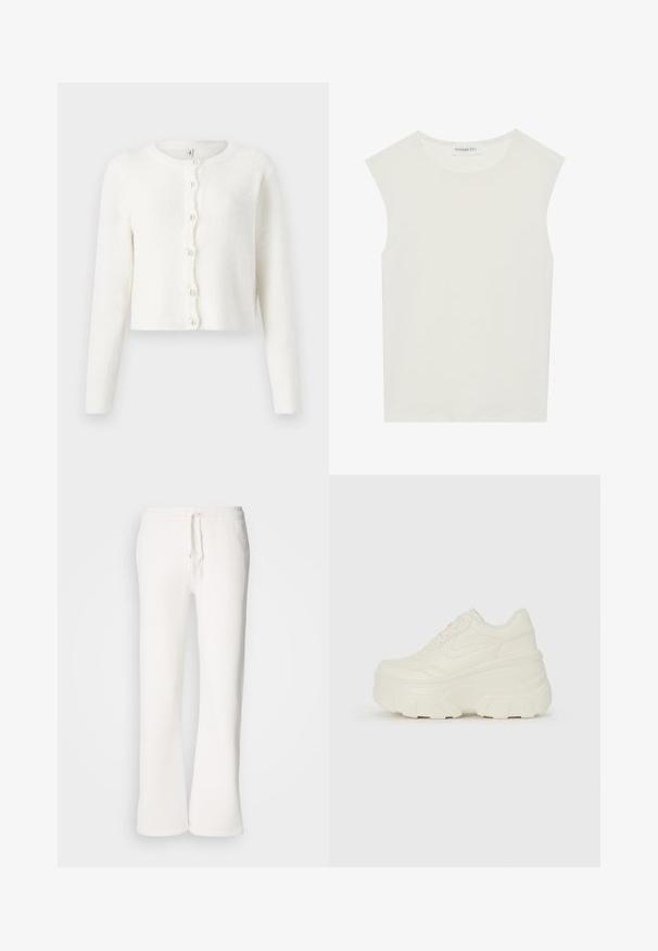 Bela kardigan izdelan iz mehke, teksturirane tkanine. Ima okroglo ovratnico, dolge rokave in šest gumbov, podobnih biserom, na sprednji strani.; Bela brezrokavnica s okroglim izrezom. Narejena iz gladkega materiala, ima sproščen kroj in minimalističen dizajn. Brez vzorcev ali okrasnih elementov.; Bela, sproščena trenerka iz mehkega blaga, z elastičnim pasom in vrvico ter naravnim krojem nogavic.; Bele platformske tene z belim zgornjim delom, ki spominja na usnje, okroglo obliko, oblazinjen ovratnik ter gumo z teksturo na podplatu z izrazitimi profili.