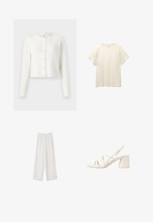 Bílý cardigan vyrobený z měkké, texturované tkaniny. Má kulatý výstřih, dlouhé rukávy a šest perlových knoflíků vpředu.; Svetle béžové tričko s krátkým rukávem a kulatým výstřihem, vyrobené z jemné, hladké tkaniny. Má uvolněný střih a rovný lem.; Bílé široké kalhoty vyrobené z lehké tkaniny. Mají elastický pas se šňůrkou a boční kapsy. Hladká textura.; Béžové sandály na podpatku s tenkými překříženými pásky, otevřenou špičkou a čtvercovým blokovým podpatkem. Hladký lakovaný povrch, nastavitelný pásek kolem kotníku.