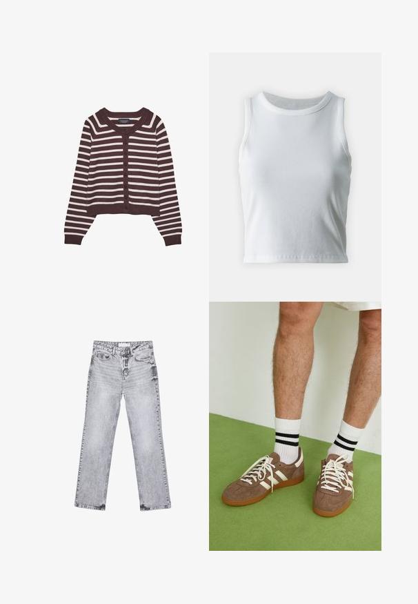 Cardigan a righe marroni e crema, dal design cropped, con scollatura rotonda e sei bottoni frontali, con polsini e orlo a costine.; Top a canotta bianco a coste con scollatura rotonda e senza maniche, caratterizzato da un orlo dritto e una texture liscia e elastica.; Jeans in denim grigio con taglio dritto, dettagli sfilacciati, cinque tasche e rivetti in rame. La cintura presenta un'etichetta con il logo.; Sneaker in suede marrone con dettagli e lacci bianchi. Suola in gomma color gomma. Indossati con calzini bianchi con righe nere. Pavimento verde texturizzato.