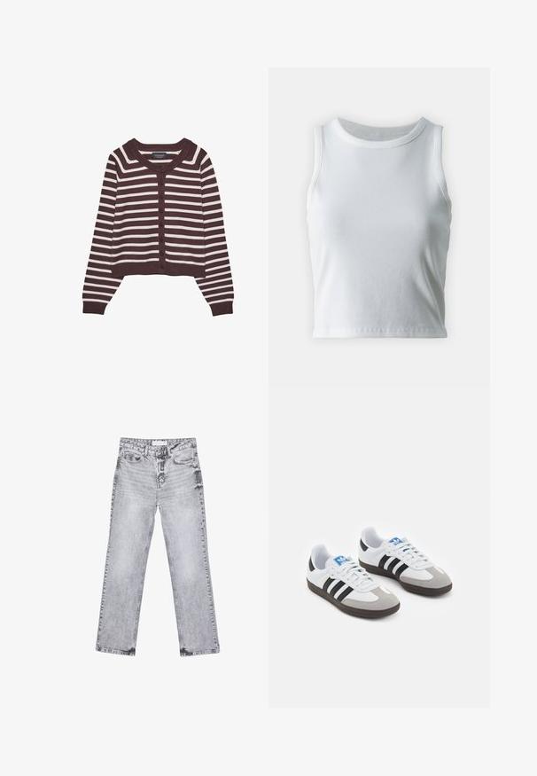 Hnědo-krémový pruhovaný kardigan, zkrácený střih, s kulatým výstřihem a šesti předními knoflíky, s žebrovanými manžetami a lemem.; Bílý žebrovaný tílko s kulatým výstřihem a bezramínkovým designem, s rovnými lemy a hladkou, elastickou strukturou.; Šedé džíny z denimu se střihy rovnými nohavicemi, s poškozenou úpravou, pěti kapsami a měděnými nýtky. Pasová část obsahuje logo štítek.; Sportovní boty s bílým koženým svrškem, šedou semišovou špičkou a třemi černými pruhy. Obsahují modré logo na jazyku a texturovanou gumovou podrážku.