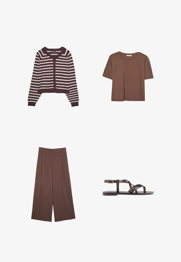 Ruskea ja kerma raidallinen neuletakki, lyhyt malli, jossa on pyöreä kaula-aukko ja kuusi etupainiketta, sekä ribbikuvioidut hihansuut ja helma.; Kahvinsävyinen lyhythihainen t-paita, joka on valmistettu pehmeästä kankaasta. Pyöreä pääntie ja rento malli. Ei näkyviä kuvioita tai koristeita.; Ruskeat leveälahkeiset housut, joissa on sileä pinta, korkea vyötärö ja etupleat. Kangas on kevyttä ja laskeutuu väljänä.; Ruske kožne sandale s križnim trakama, zatvaranjem na kopču oko gležnja i ravnim potplatom s minimalnim detaljima šivanja.