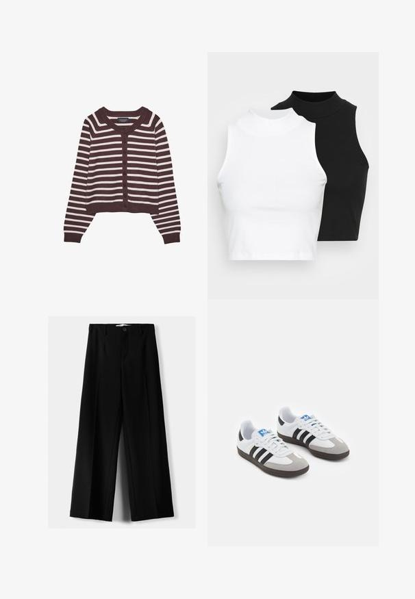 Brązowy i kremowy kardigan w paski, krótki krój, z okrągłym dekoltem i sześcioma guzikami z przodu, z ribbrowanym mankietem i dolnym wykończeniem.; Dwa bezrękawnikowe golfy w kolorze czarnym i białym, charakteryzujące się dopasowanym fasonem i gładką teksturą, o skróconej długości.; Czarne spodnie szerokie, wykonane z lekkiego materiału, z zapięciem na guzik z przodu i gładkim przodem, z starannie wykończonymi brzegami.; Buty sportowe z białą skórzaną cholewką, szarym zamszowym noskiem i trzema czarnymi paskami. Posiadają niebieskie logo na języku oraz teksturowaną gumową podeszwę.
