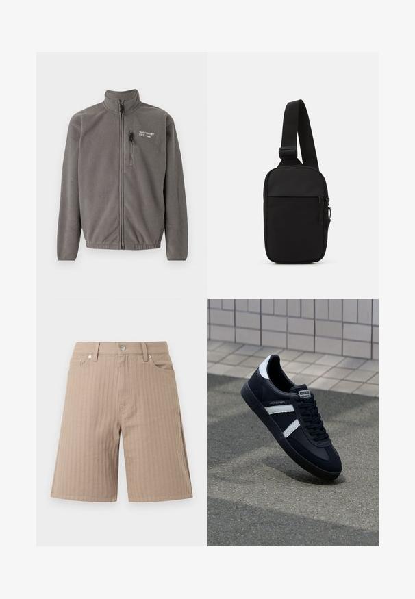 Harmaa fleece-takki korkealla kauluksella, etuvetoketjulla ja sivutaskuilla. Rakenne on teksturoitu, minimalistinen muotoilu, jossa pieni logo rinnassa.; Vihreä puuvillapaita, jossa on teksturoitunut geometrinen kuvio. Ominaisuuksiin kuuluu ribattu pyöreä kaula-aukko ja pieni logo rinnassa.; Beiget tekstuurikankaasta tehdyt shortsit, joissa pystysuorat raidat, vyötärönauhassa etuknappi ja sivutaskut.; Mustat nahkakengät valkoisilla raidoilla, teksturoitu kumipohja ja nauha edessä. Varustettu merkkitarralla kielen päällä.; Musta olkalaukku, joka on valmistettu kestävästä kankaasta. Laukussa on yksi säädettävä olkahihna, vetoketjulla suljettava pääosasto ja etutasku.